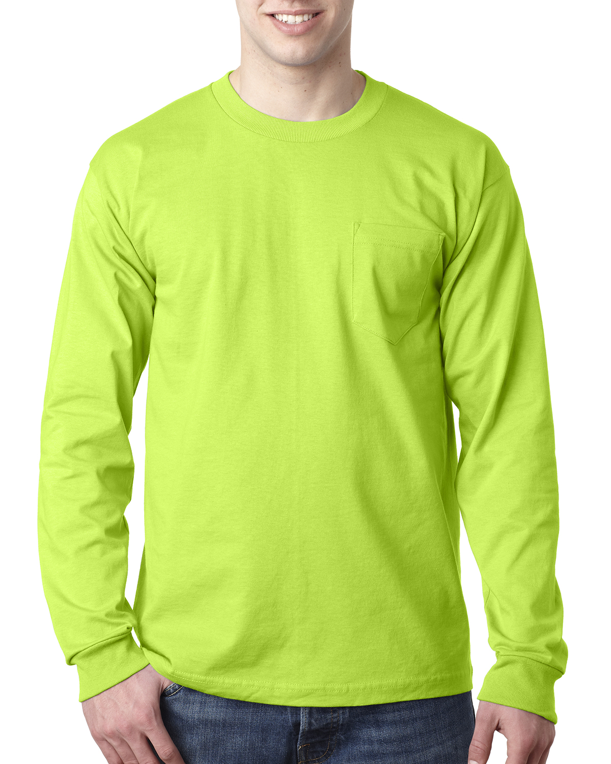 XL/Lime Green Bayside Apparel USA-Made 50/50 Long Sleeve T-Shirt with a Pocket 